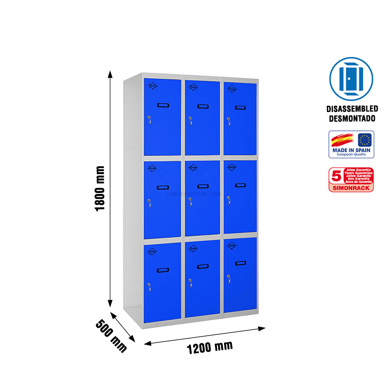Cacifo Metálico SIMONLOCKER Desmontado 3 PUERTAS 3/9 400 (1200) Cinzento/Azul - 1800 x 1200 x 500 mm