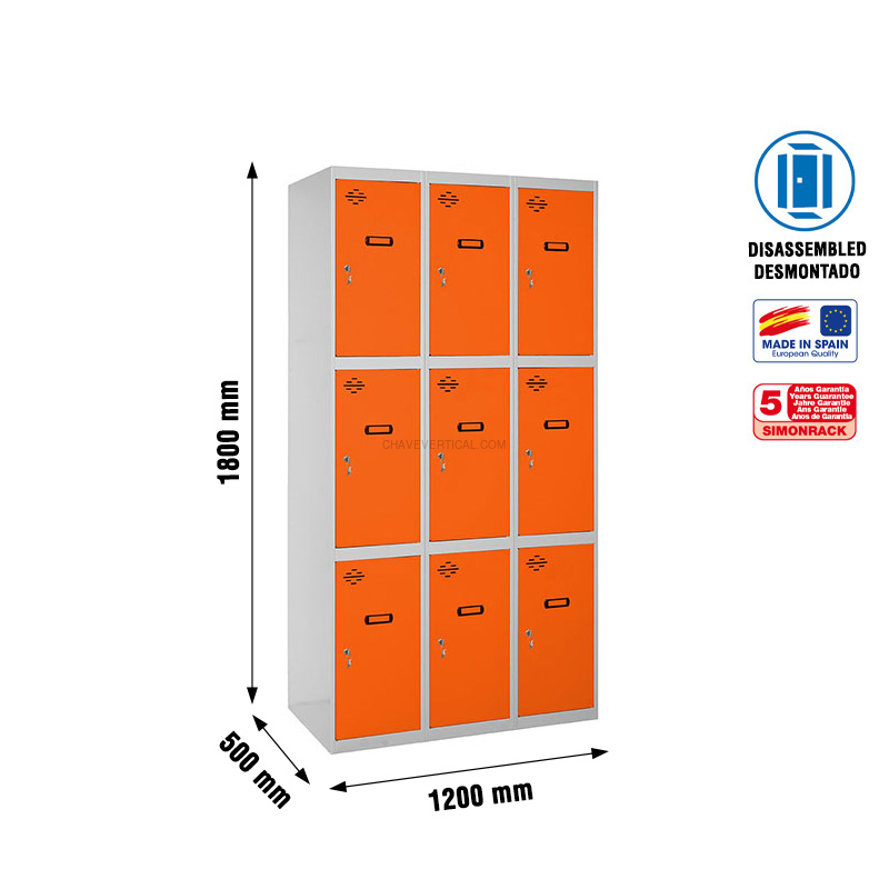 Cacifo Metálico SIMONLOCKER Desmontado 3 PUERTAS 3/9 400 (1200) Cinzento/NA - 1800 x 1200 x 500 mm