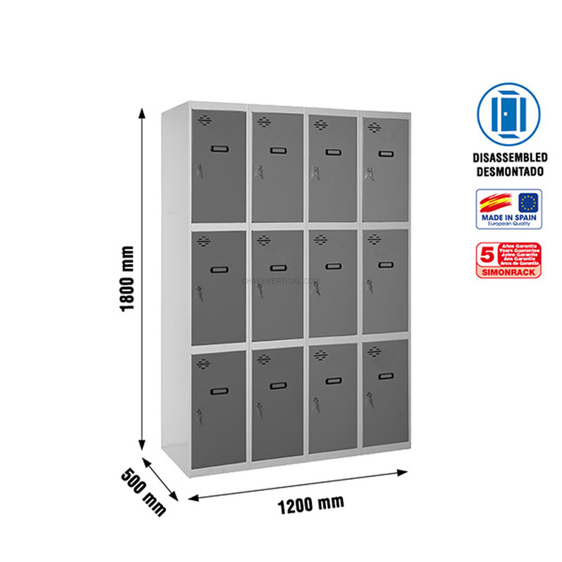 Cacifo Metálico SIMONLOCKER Desmontado 3 PUERTAS 4/12 300 (1200) Cinzento/AN - 1800 x 1200 x 500 mm