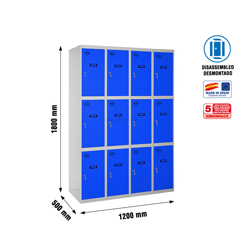 Cacifo Metálico SIMONLOCKER Desmontado 3 PUERTAS 4/12 300 (1200) Cinzento/Azul - 1800 x 1200 x 500 mm