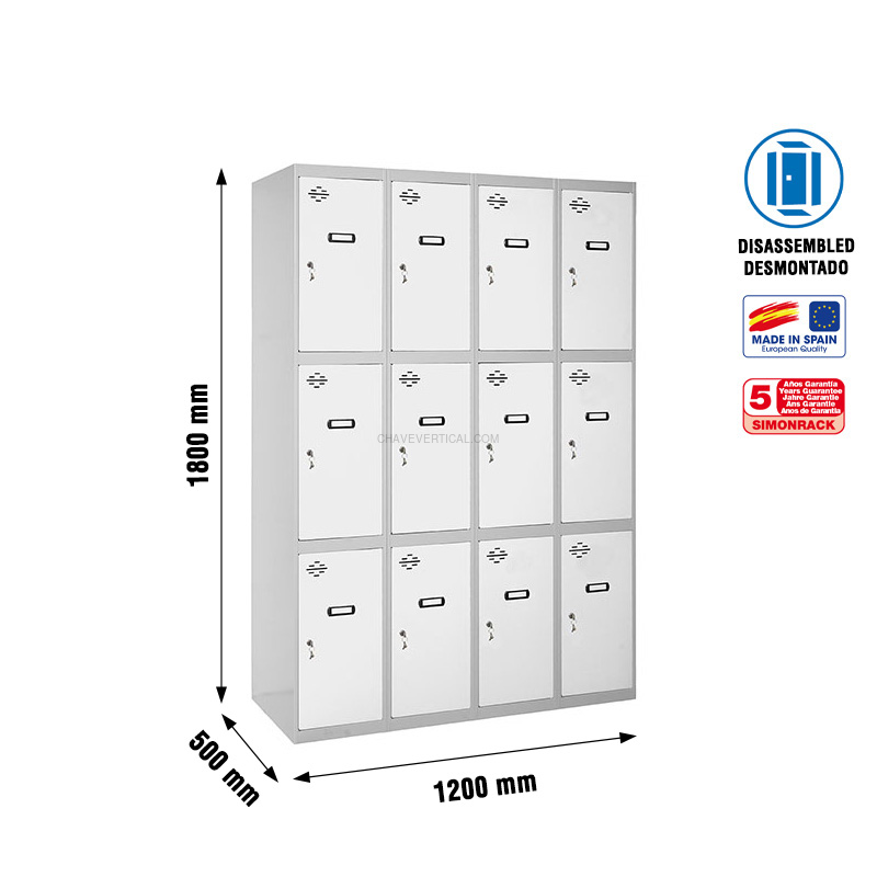 Cacifo Metálico SIMONLOCKER Desmontado 3 PUERTAS 4/12 300 (1200) Cinzento/B - 1800 x 1200 x 500 mm