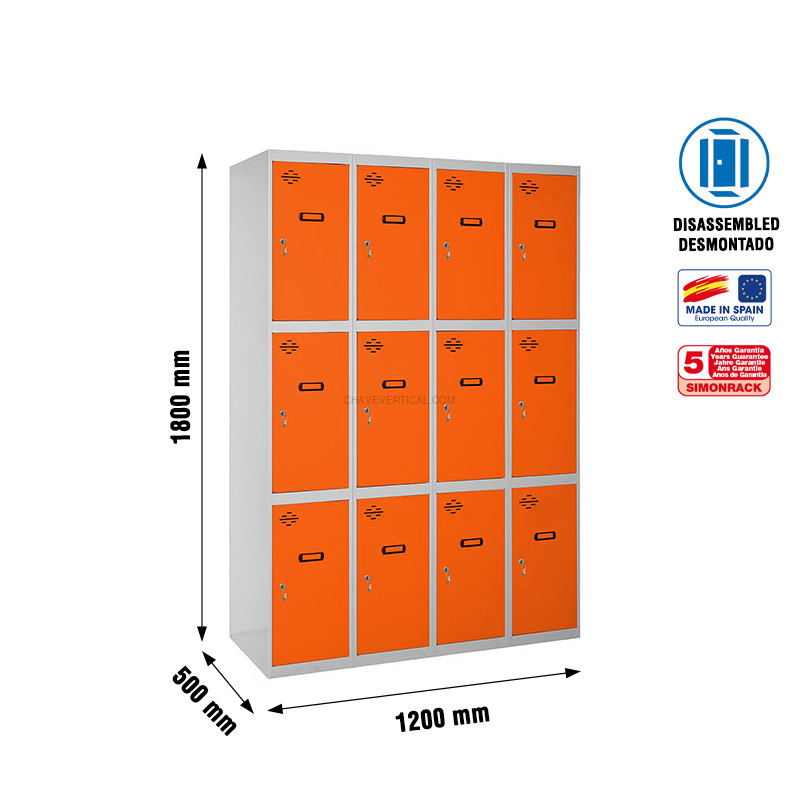 Cacifo Metálico SIMONLOCKER Desmontado 3 PUERTAS 4/12 300 (1200) Cinzento/NA - 1800 x 1200 x 500 mm
