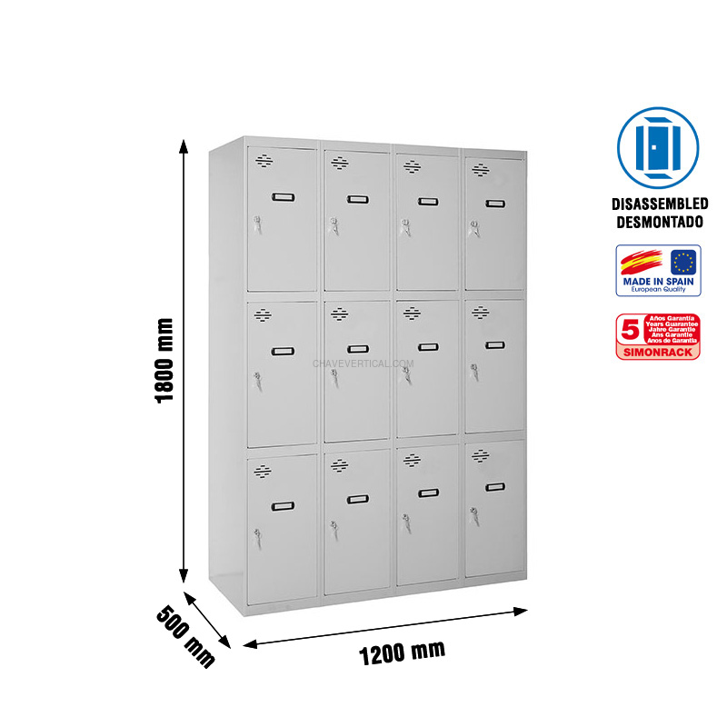 Cacifo Metálico SIMONLOCKER Desmontado 3 PUERTAS 4/12 300 (1200) GRI - 1800 x 1200 x 500 mm