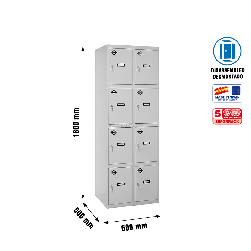 Cacifo Metálico SIMONLOCKER Desmontado 4 PUERTAS 2/8 300 (600) Cinzento - 1800 x 600 x 500 mm