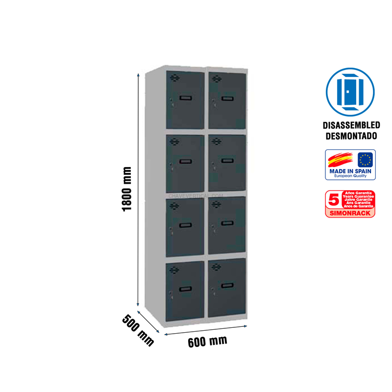 Cacifo Metálico SIMONLOCKER Desmontado 4 PUERTAS 2/8 300 (600) Cinzento/AN - 1800 x 600 x 500 mm