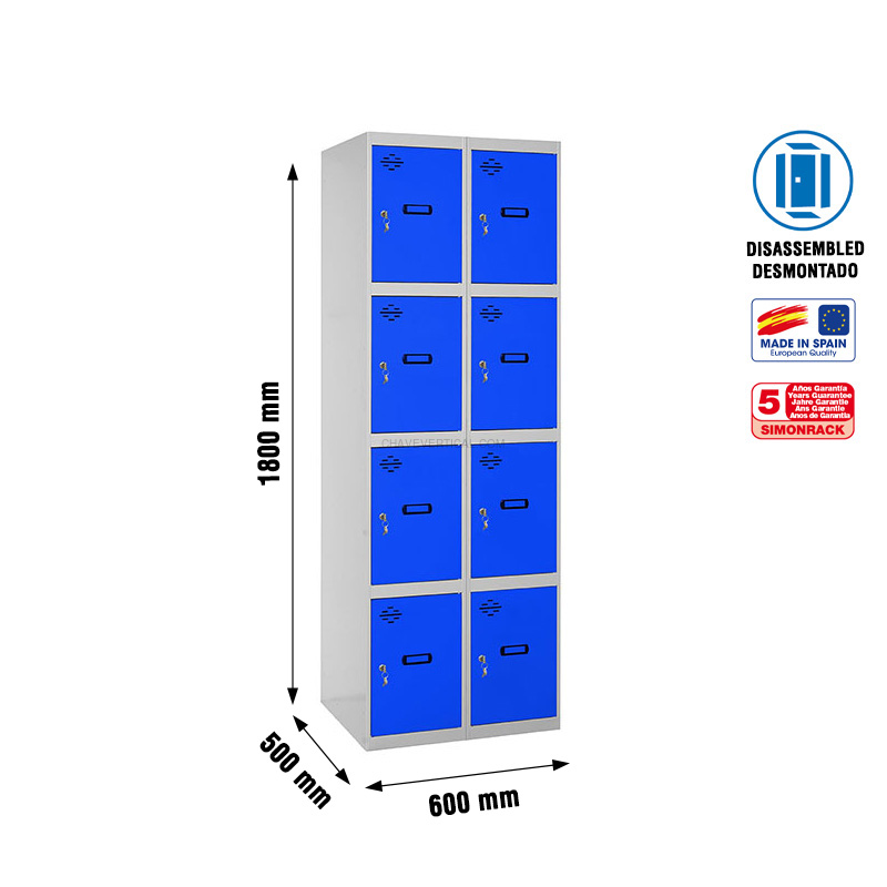 Cacifo Metálico SIMONLOCKER Desmontado 4 PUERTAS 2/8 300 (600) Cinzento/Azul - 1800 x 600 x 500 mm