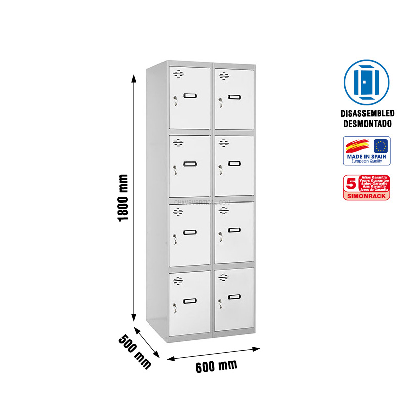 Cacifo Metálico SIMONLOCKER Desmontado 4 PUERTAS 2/8 300 (600) Cinzento/Branco - 1800 x 600 x 500 mm