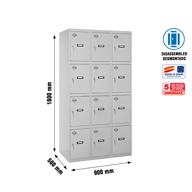 Cacifo Metálico SIMONLOCKER Desmontado 4 PUERTAS 3/12 300 (900) Cinzento - 1800 x 900 x 500 mm
