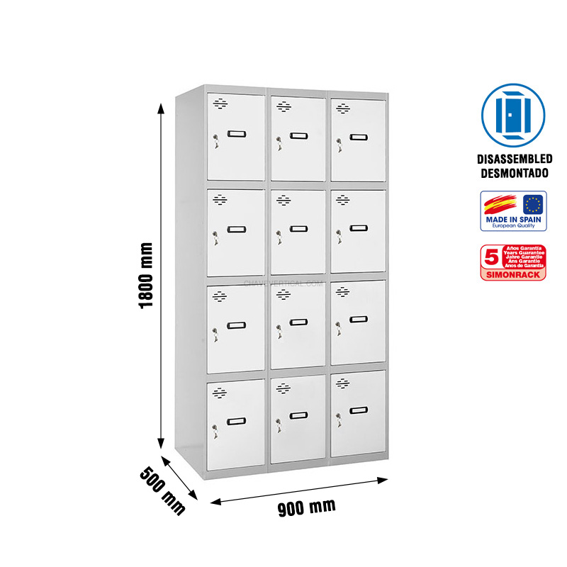 Cacifo Metálico SIMONLOCKER Desmontado 4 PUERTAS 3/12 300 (900) Cinzento/Branco - 1800 x 900 x 500 mm