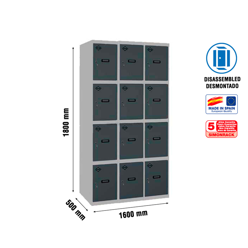 Cacifo Metálico SIMONLOCKER Desmontado 4 PUERTAS 3/12 400 (1200) Cinzento/AN - 1800 x 1200 x 500 mm