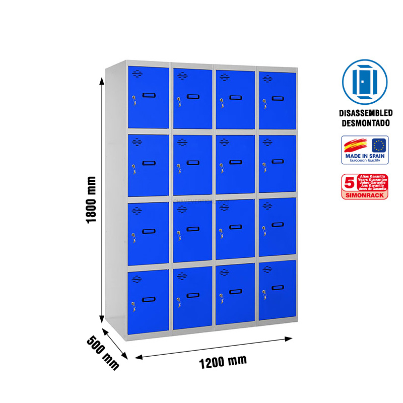 Cacifo Metálico SIMONLOCKER Desmontado 4 PUERTAS 4/16 300 (1200) Cinzento/Azul - 1800 x 1200 x 500 mm