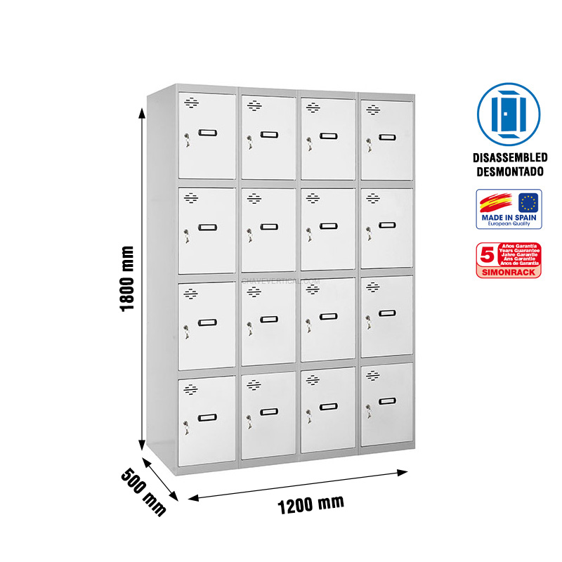 Cacifo Metálico SIMONLOCKER Desmontado 4 PUERTAS 4/16 300 (1200) Cinzento/Branco - 1800 x 1200 x 500 mm