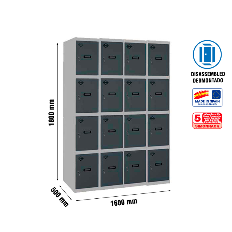 Cacifo Metálico SIMONLOCKER Desmontado 4 PUERTAS 4/16 400 (1600) Cinzento/AN - 1800 x 1600 x 500 mm