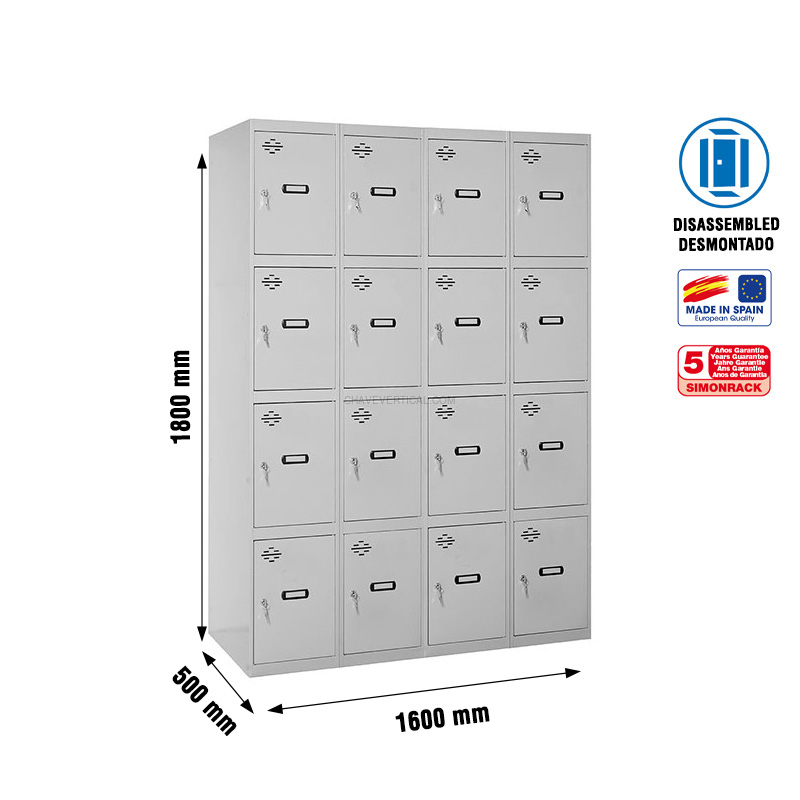 Cacifo Metálico SIMONLOCKER Desmontado 4 PUERTAS 4/16 400 (1600) GRI - 1800 x 1600 x 500 mm