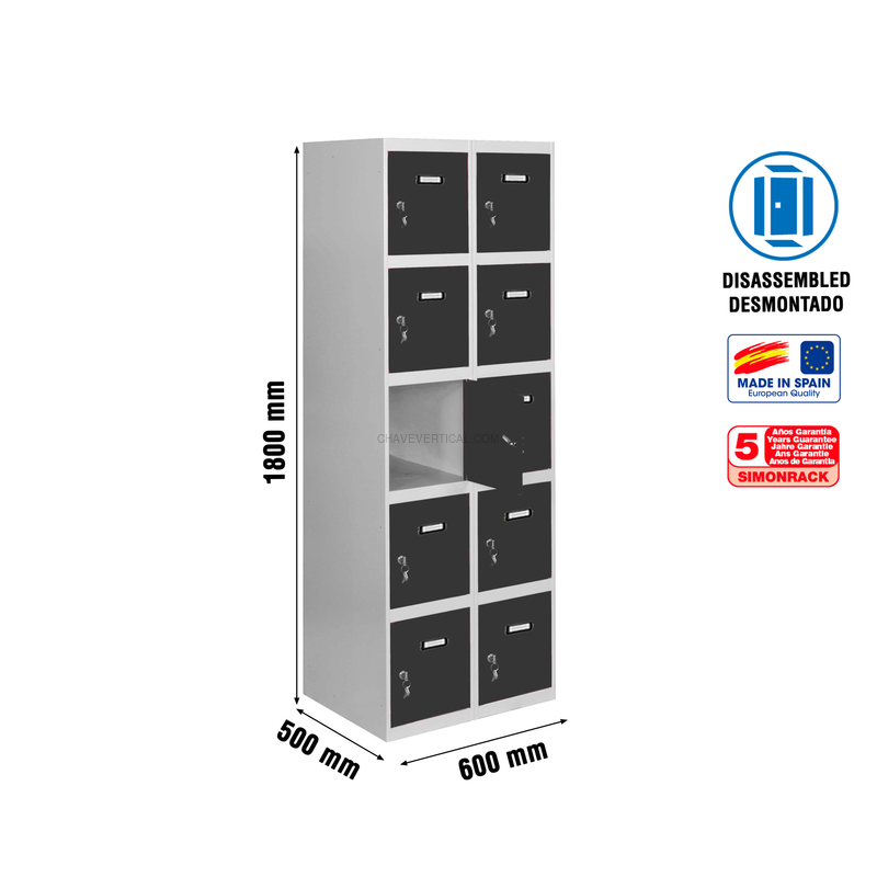 Cacifo Metálico SIMONLOCKER Desmontado 5 PUERTAS 2/10 300 (600) Cinzento/AN - 1800 x 600 x 500 mm