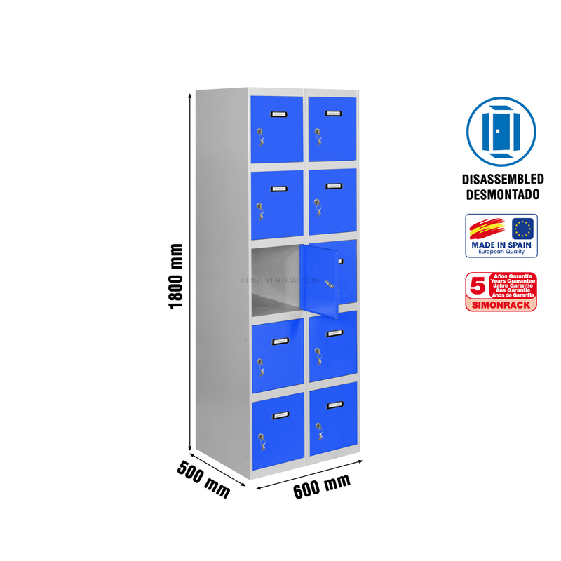 Cacifo Metálico SIMONLOCKER Desmontado 5 PUERTAS 2/10 300 (600) Cinzento/Azul - 1800 x 600 x 500 mm