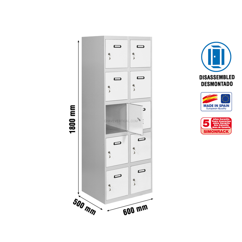 Cacifo Metálico SIMONLOCKER Desmontado 5 PUERTAS 2/10 300 (600) Cinzento/Branco - 1800 x 600 x 500 mm