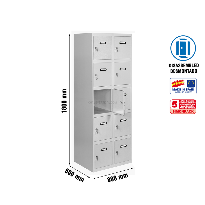 Cacifo Metálico SIMONLOCKER Desmontado 5 PUERTAS 2/10 400 (800) Cinzento - 1800 x 800 x 500 mm