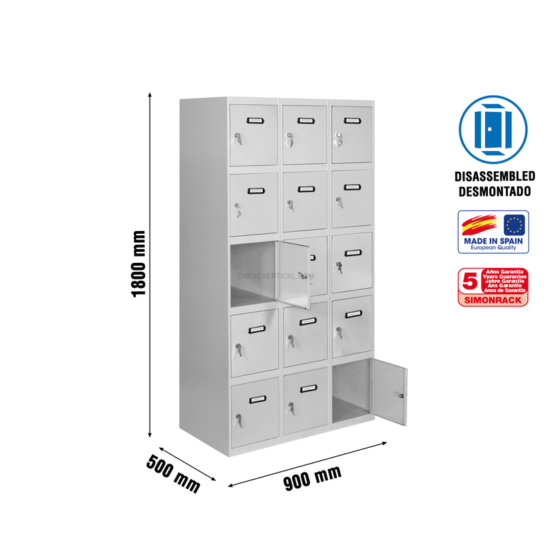 Cacifo Metálico SIMONLOCKER Desmontado 5 PUERTAS 3/15 300 (900) Cinzento - 1800 x 900 x 500 mm