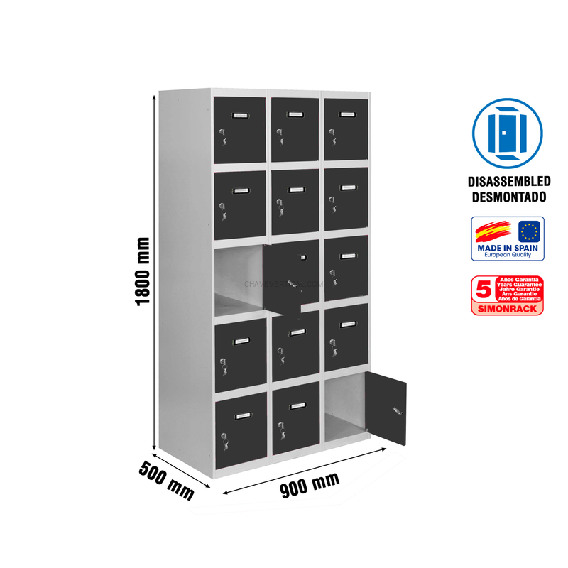 Cacifo Metálico SIMONLOCKER Desmontado 5 PUERTAS 3/15 300 (900) Cinzento/AN - 1800 x 900 x 500 mm