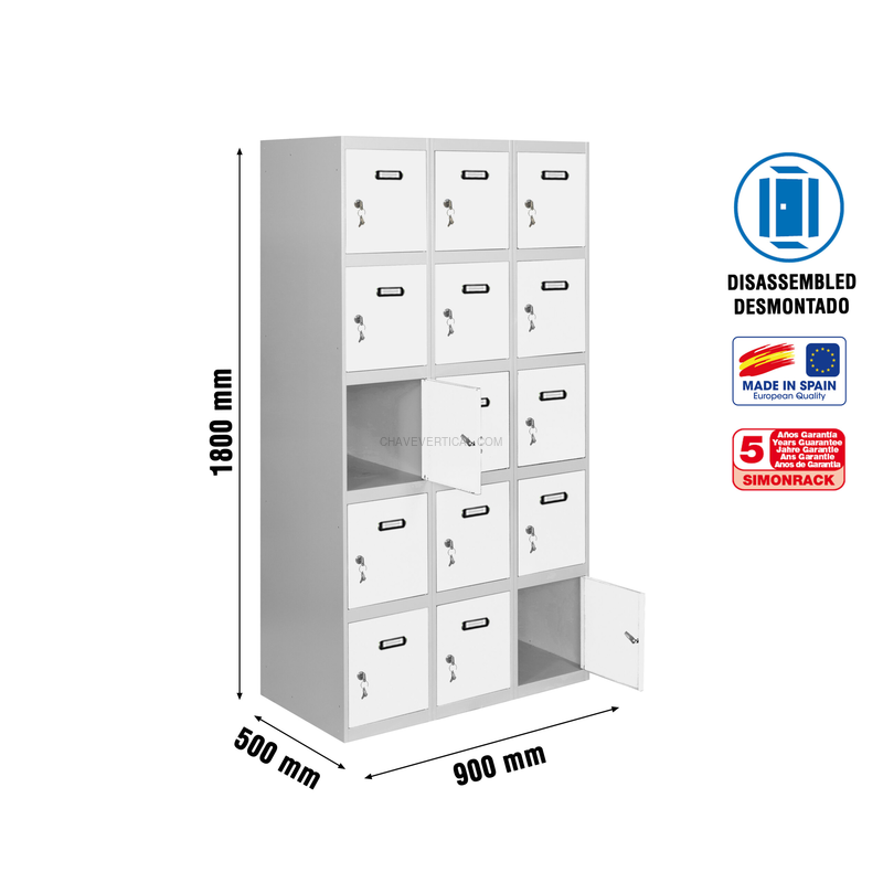 Cacifo Metálico SIMONLOCKER Desmontado 5 PUERTAS 3/15 300 (900) Cinzento/Branco - 1800 x 900 x 500 mm