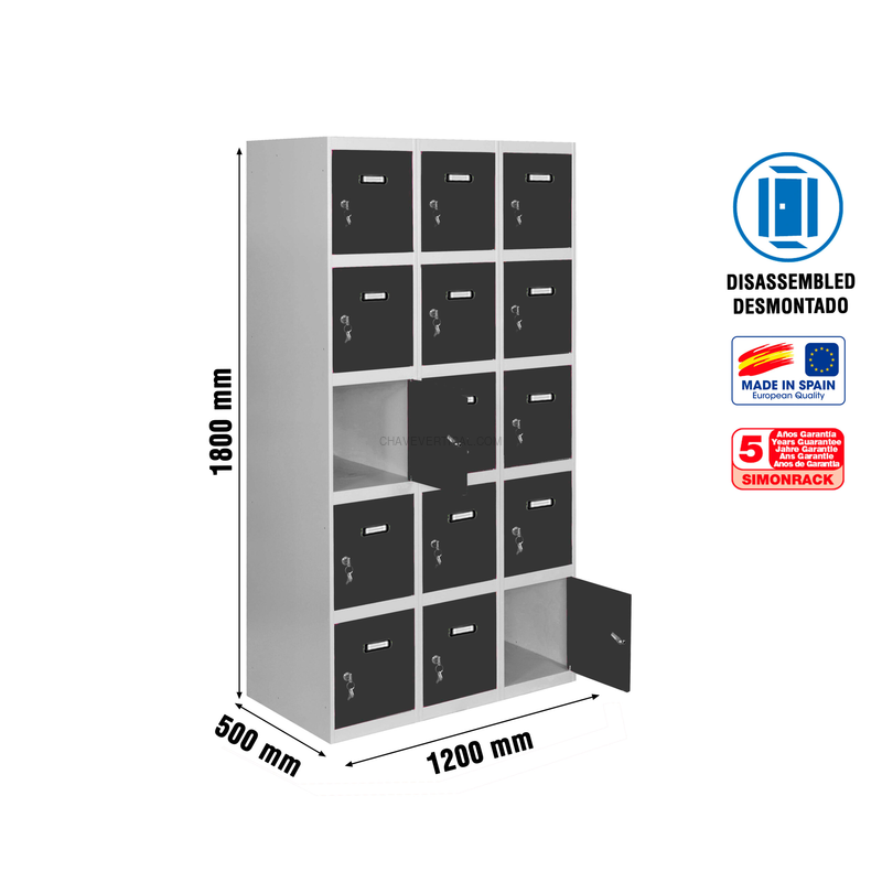 Cacifo Metálico SIMONLOCKER Desmontado 5 PUERTAS 3/15 400 (1200) Cinzento/AN - 1800 x 1200 x 500 mm