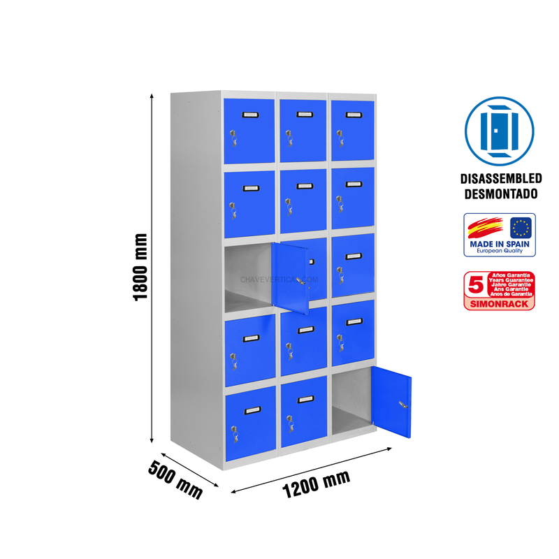 Cacifo Metálico SIMONLOCKER Desmontado 5 PUERTAS 3/15 400 (1200) Cinzento/Azul - 1800 x 1200 x 500 mm