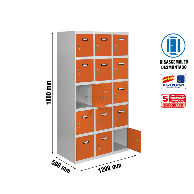 Cacifo Metálico SIMONLOCKER Desmontado 5 PUERTAS 3/15 400 (1200) Cinzento/NA - 1800 x 1200 x 500 mm