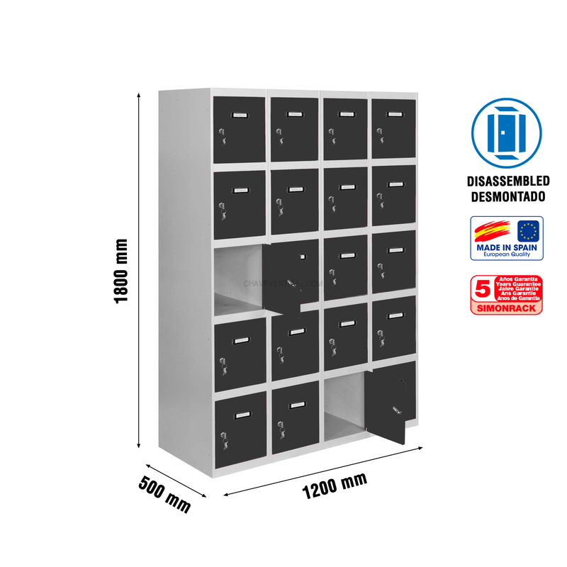 Cacifo Metálico SIMONLOCKER Desmontado 5 PUERTAS 4/20 300 (1200) Cinzento/AN - 1800 x 1200 x 500 mm