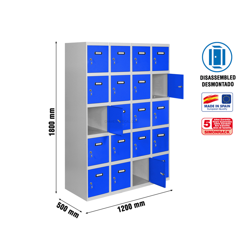 Cacifo Metálico SIMONLOCKER Desmontado 5 PUERTAS 4/20 300 (1200) Cinzento/Azul - 1800 x 1200 x 500 mm