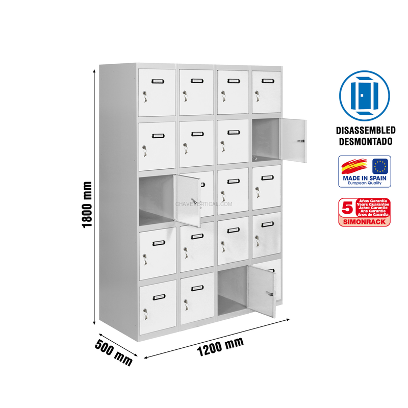 Cacifo Metálico SIMONLOCKER Desmontado 5 PUERTAS 4/20 300 (1200) Cinzento/Branco - 1800 x 1200 x 500 mm