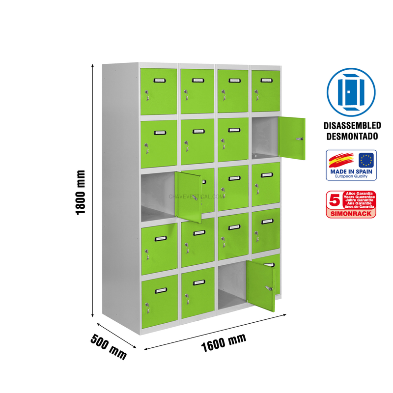 Cacifo Metálico SIMONLOCKER Desmontado 5 PUERTAS 4/20 400 (1600) Cinzento/VE - 1800 x 1600 x 500 mm