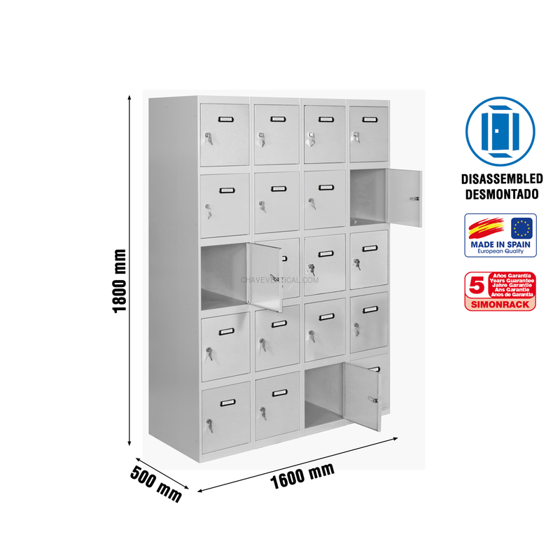 Cacifo Metálico SIMONLOCKER Desmontado 5 PUERTAS 4/20 400 (1600) GRI - 1800 x 1600 x 500 mm