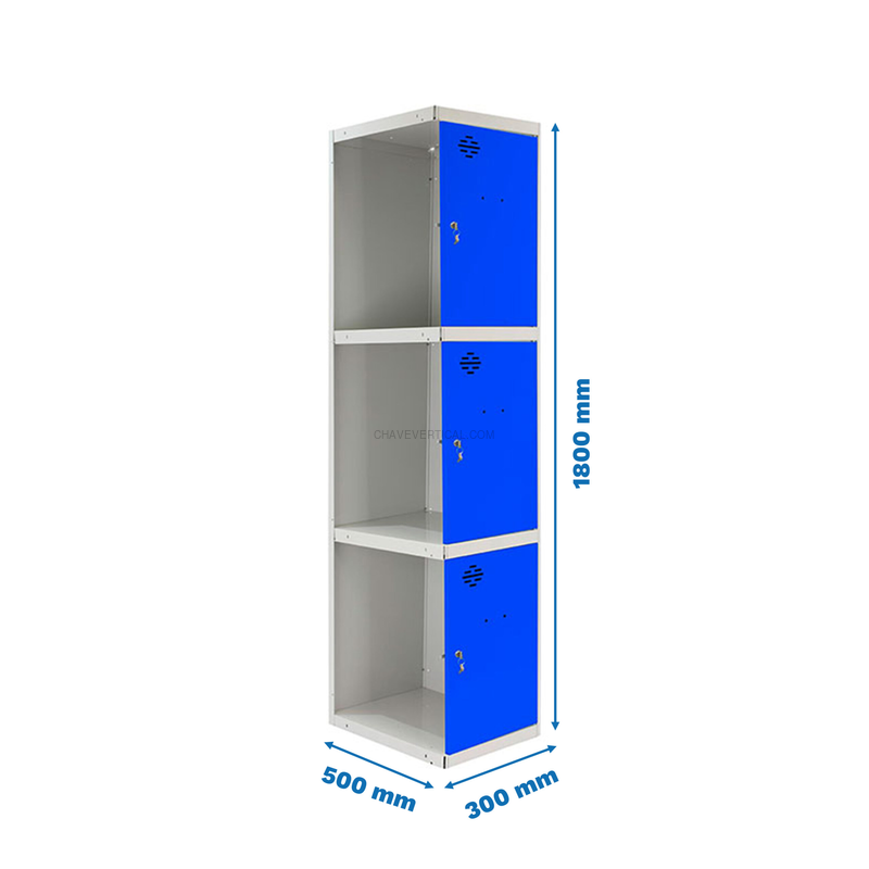 Cacifo Metálico SIMONLOCKER Profissional Desmontado 3 PUERTA 1/3 300 ADI Cinzento/Azul - 1800 x 300 x 500 mm