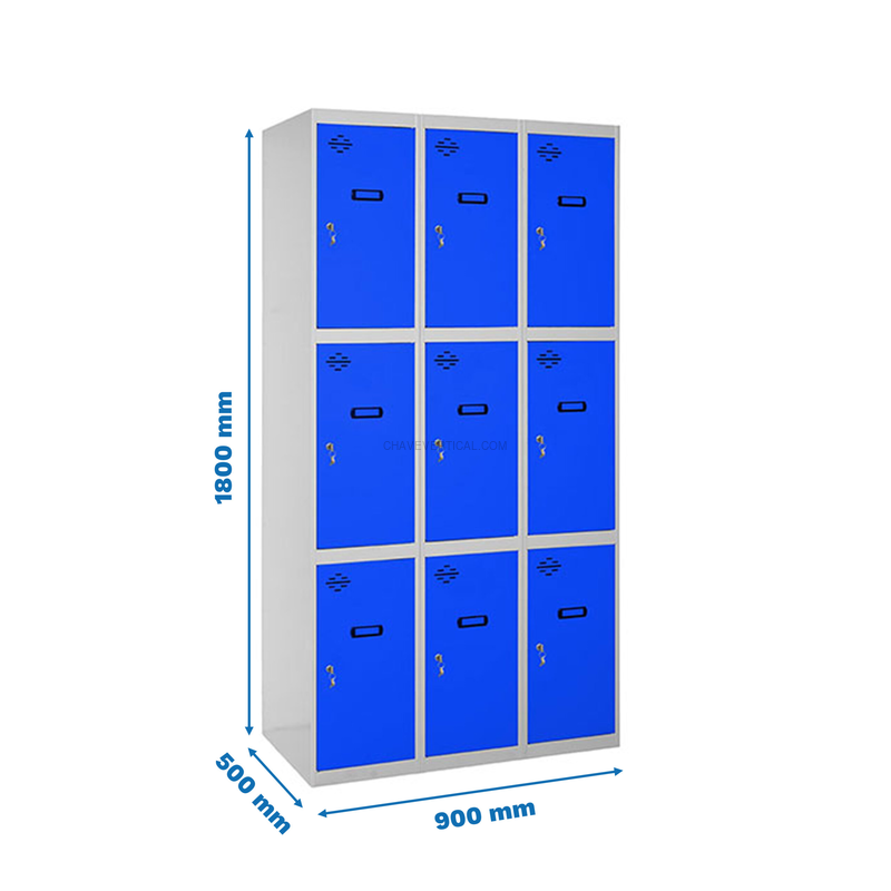 Cacifo Metálico SIMONLOCKER Profissional Montado 3 PUERTA 3/9 300 (900) Cinzento/Azul - 1800 x 900 x 500 mm