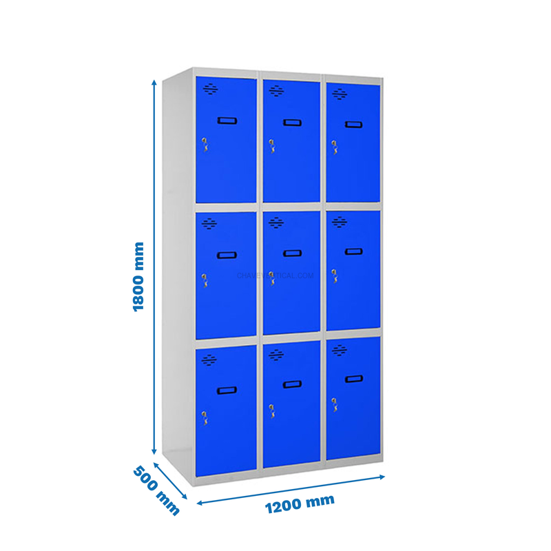 Cacifo Metálico SIMONLOCKER Profissional Montado 3 PUERTA 3/9 400 (1200) Cinzento/Azul - 1800 x 1200 x 500 mm