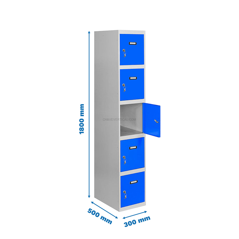 Cacifo Metálico SIMONLOCKER Profissional Montado 5 PUERTA 1/5 300 Cinzento/Azul - 1800 x 300 x 500 mm