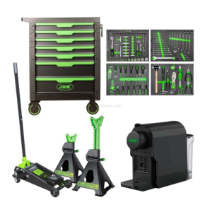 Carrinho de Ferramentas com 7 Gavetas – Verde + 50818 Macaco Hidráulico com Rodas 3,5T+ 53779 JBM