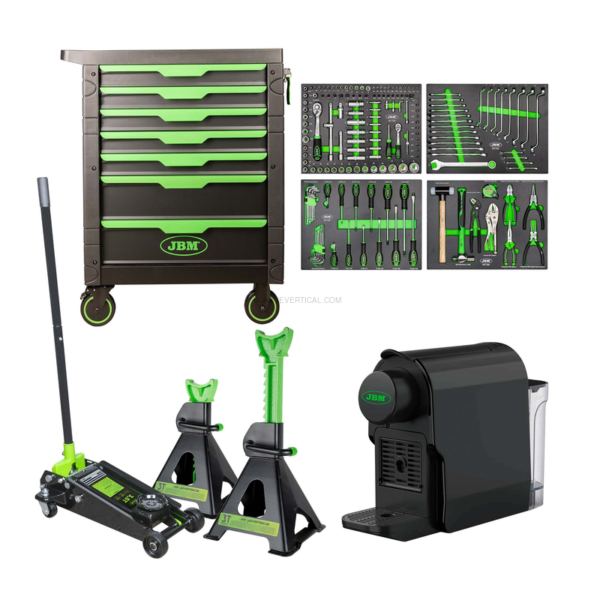 Carrinho de Ferramentas com 7 Gavetas - Verde + 50818 Macaco Hidráulico com Rodas 3,5T+ 53779 JBM