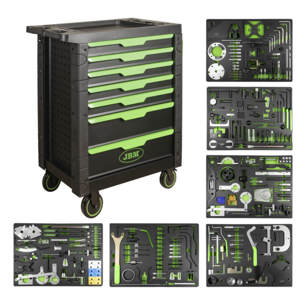 Carrinho de Ferramentas com 7 Gavetas Verde - Kit de Sincronização Incluído JBM