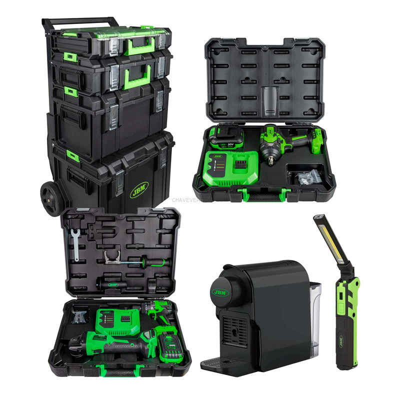Carrinho Modular + Chave de Impacto 1/2" 1000Nm + Rebarbadora Angular e Berbequim + Mini Lâmpada LED JBM