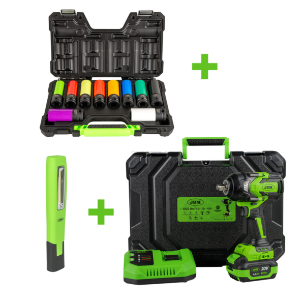 Chave de Impacto Sem Escovas + Kit de 10 Chaves de Impacto de 1/2 + Lanterna de Trabalho JBM