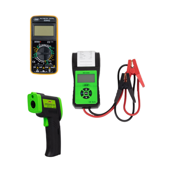 Comprovador de Batería 54040 + Multímetro Digital 50942 + Termómetro Láser 52162 JBM