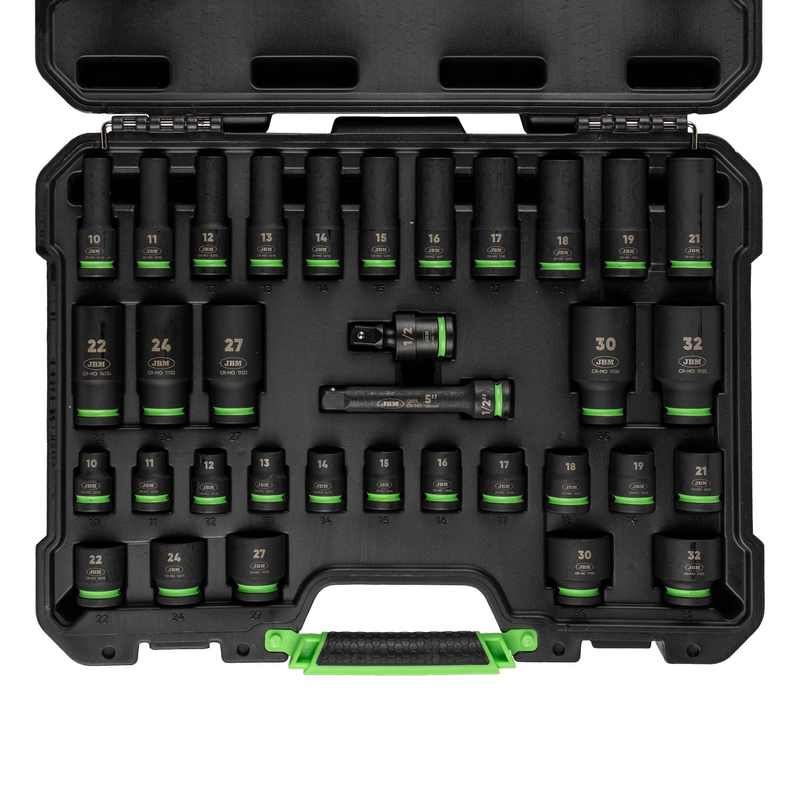 Conjunto de Impacto de 34 Peças com 16 Soquetes Longos Hexagonais de 1/2" + Adaptadores JBM