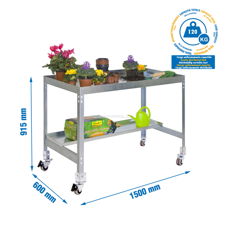 Contentor Metálico para Resíduos SIMONGARDEN DESK Móvel 1500X600 Galvanizado/Galvanizado - 915 x 1500 x 600 mm