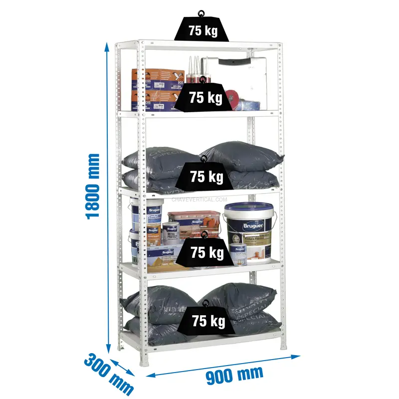 Estante Metálica ADVANTAGE 5/300 Branco - 1800 x 900 x 300 mm