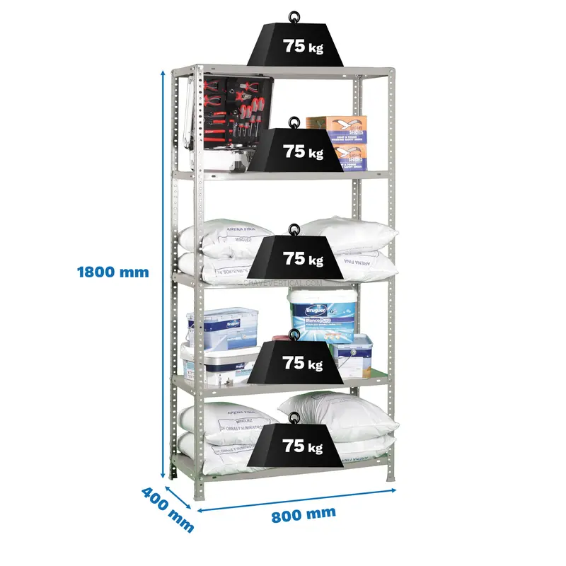Estante Metálica ADVANTAGE MINI 5/300 Cinzento - 1800 x 800 x 300 mm