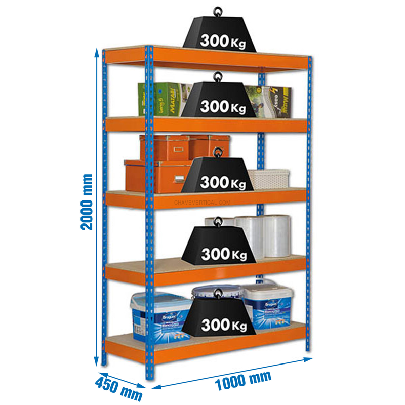 Estante Metálica BRICOFORTE 1004-5 Aglomerado Azul/Laranja/Madeira - 2000 x 1000 x 450 mm