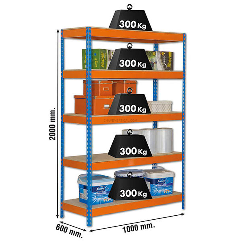 Estante Metálica BRICOFORTE 1006-5 Aglomerado Azul/Laranja/Madeira - 2000 x 1000 x 600 mm