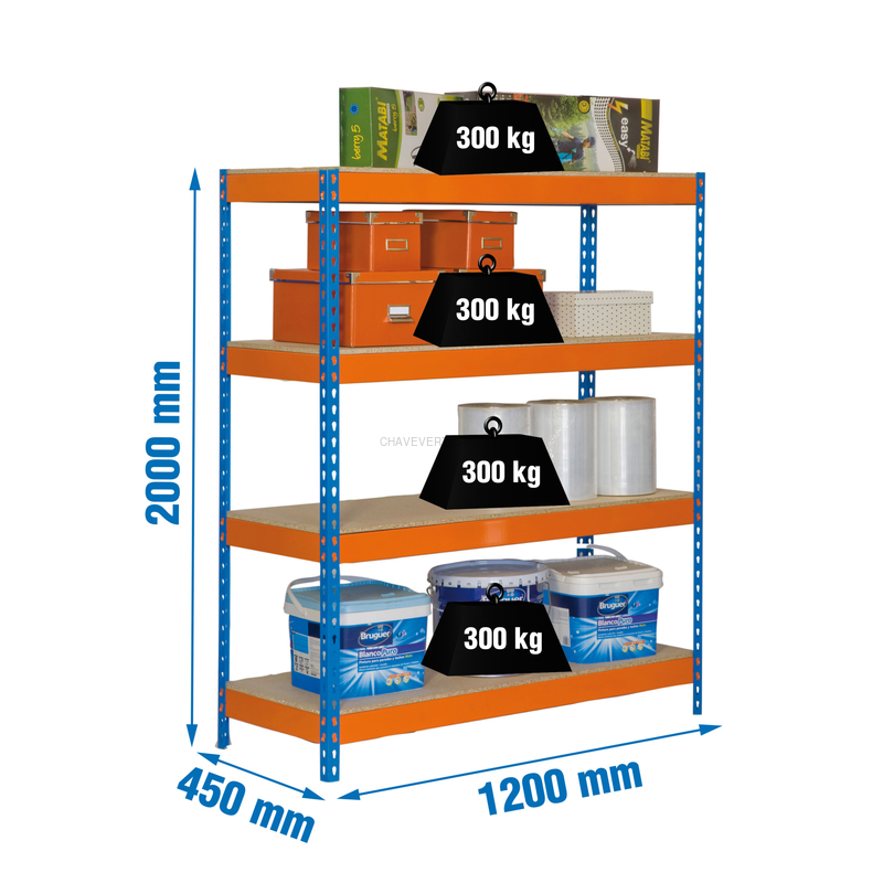 Estante Metálica BRICOFORTE 1204-4 Aglomerado Azul/Laranja/Madeira - 2000 x 1200 x 450 mm